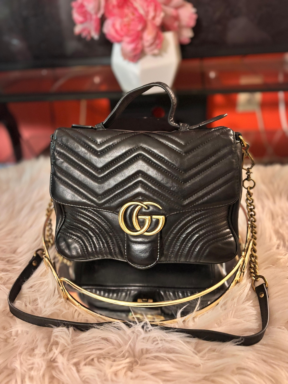 Gucci Black GG Marmont Quilted Leather Top Handle Bag MM